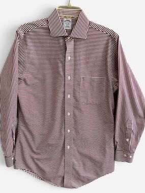 BROOKS BROTHERS Sz 15-2/3 Slim Diagonal Striped Shirt Cotton Burgundy White LS